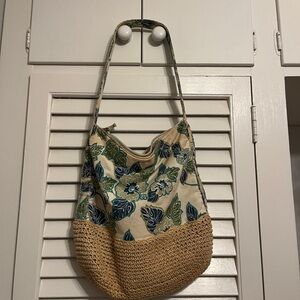 Floral Canvas and Straw Shoulder Bag
